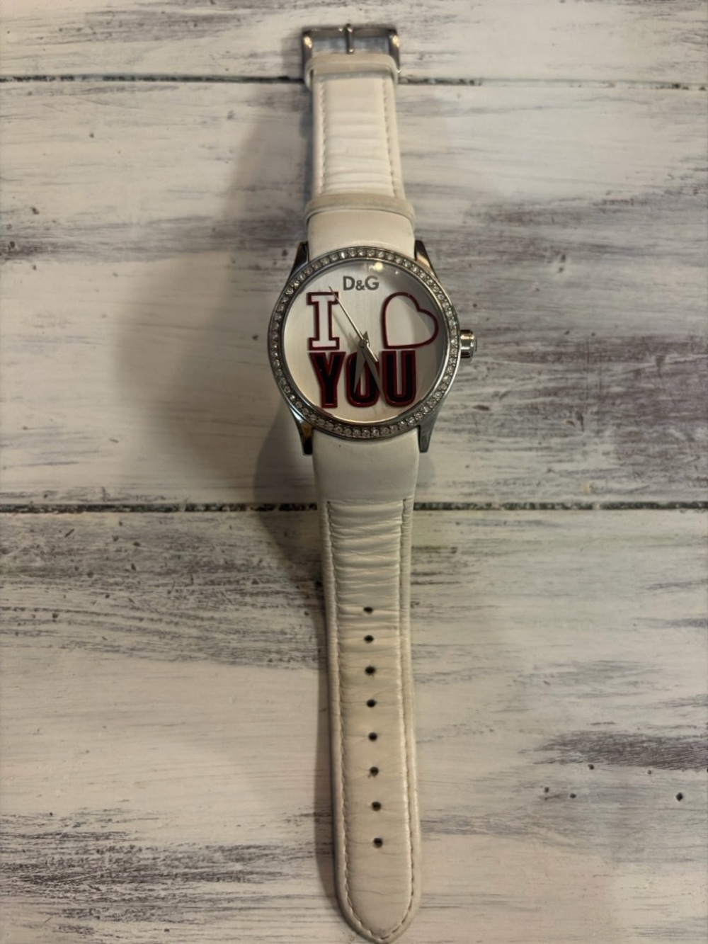 D&G White 'I ♥ YOU' Crystal Bezel Watch